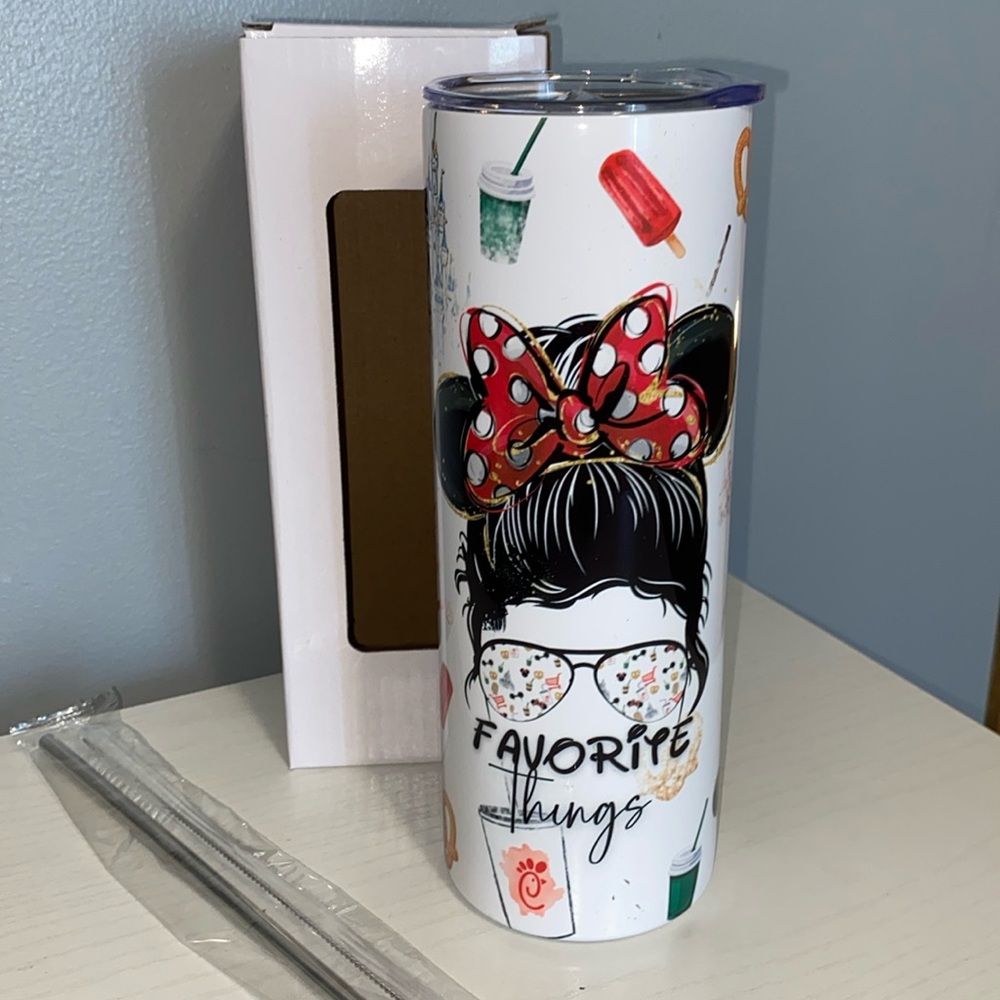 Favorite Things Out 20oz Tumbler new w box and stainless reusable straw. Disney